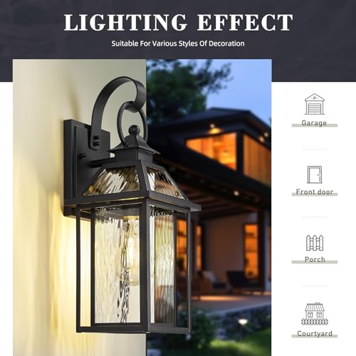 Exterior Wall Porch Light (Black - Water Ripple Glass / 16.3 Inch - No Function)