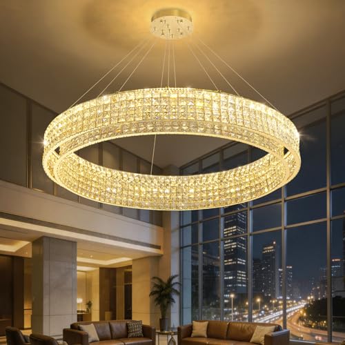 W47 Modern Chandeliers for Living Room LED Dimmable Pendant Lighting High Ceiling Chandelier for Dining Room Foyer Hallway Crystal Rectangle Light Fixtures Gold (Gold / Round 47")