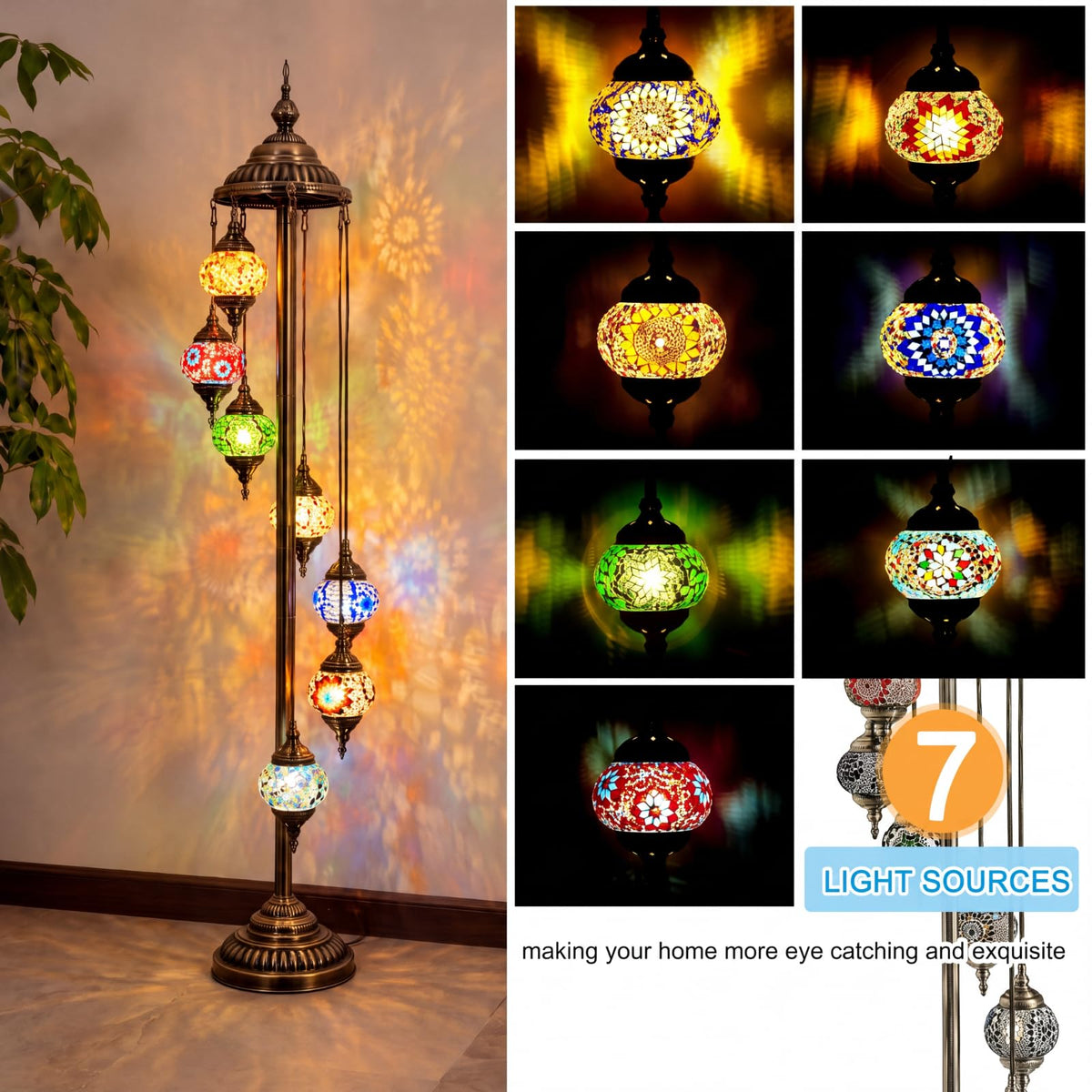 Turkish Mosaic Floor Lamp Moroccan Lamps (7 Globes Style)