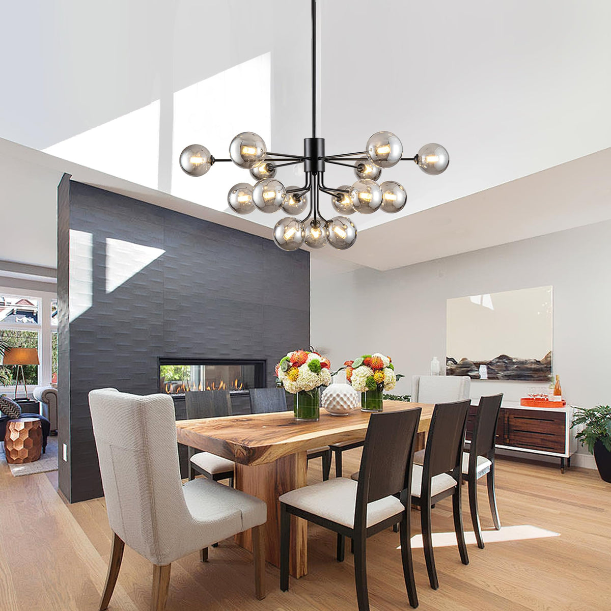 Smoked Glass Chandelier 15 Lights Black Sputnik Chandeliers for Living Room (39.37inch / Black & Grey (15 Lights))