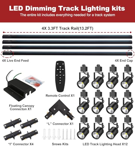 12 Light Track Lighting Kit with 13.2FT H Type Track Lighting Rail and Floating Canopy Connector (Black / 12 Lights)