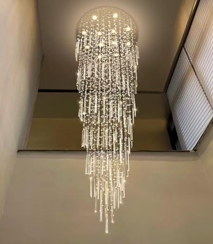 D32'' x H100'' Modern Crystal Chandelier High Ceiling Chandeliers for Entryway Glam Chandelier Large Raindrop Chandeliers LED Dimmable Light Fixtures for Staircaes Foyer Hallway Living Room Silver (D32'' x H100'' Silver)
