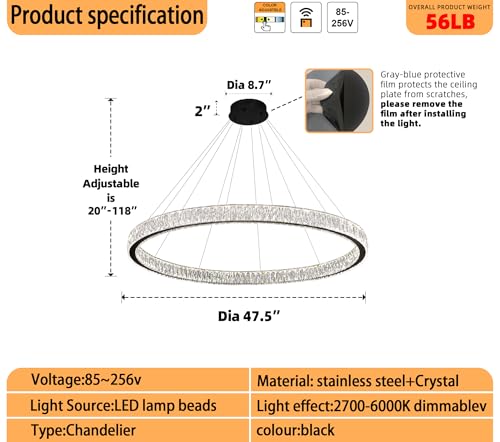 Modern LED Dimmable Crystal Chandelier 47.5" Ring Pendant Light Adjustable Round Chrome Crystal Chandelier Light Fixtures for Dining Room Living Room (Black 1 Ring 47.5")