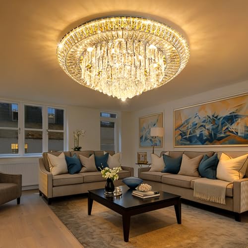 Modern Silver Crystal Chandelier LED Ceiling Light Fixture Raindrop Chandeliers Dimmable Lighting for Living Room Dining Room Entryway Bedroom (Silver / W32")