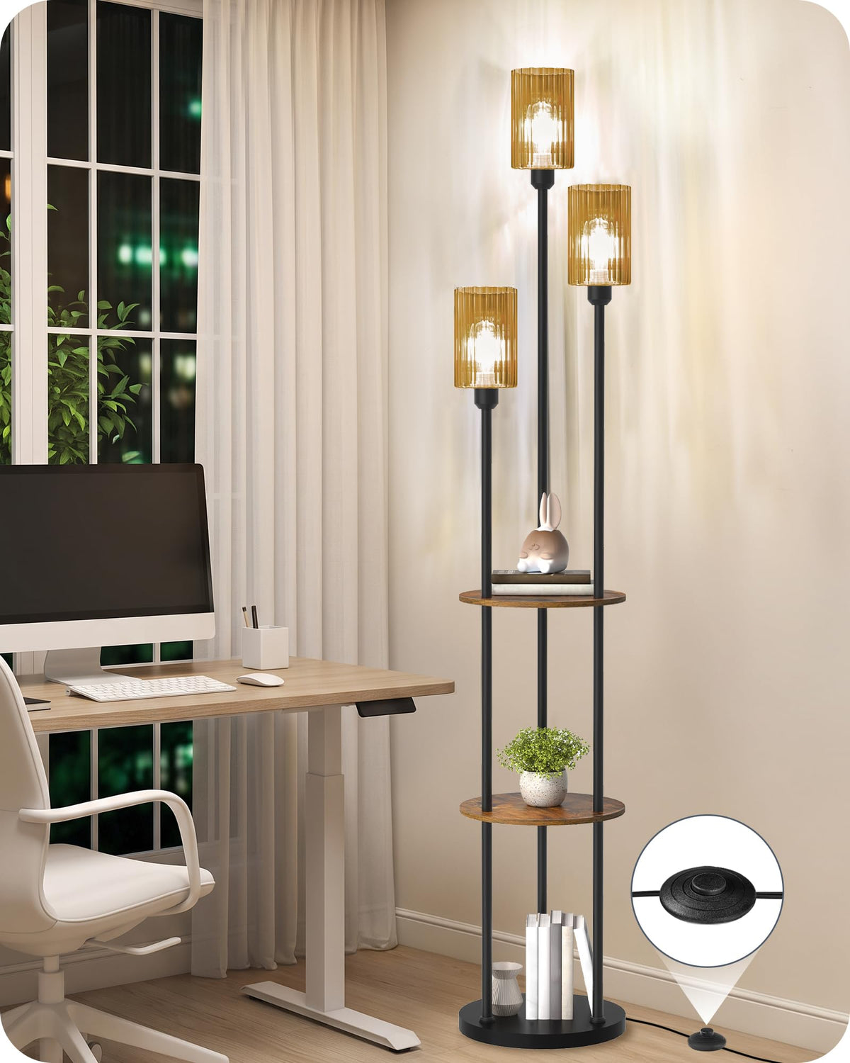 71" Floor Lamp with Shelves (Rustic Brown + Amber Glass)