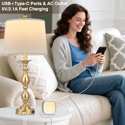 28" Tall Modern Table Lamp with USB A+C Ports and AC Outlet (Gold-1 Pack)