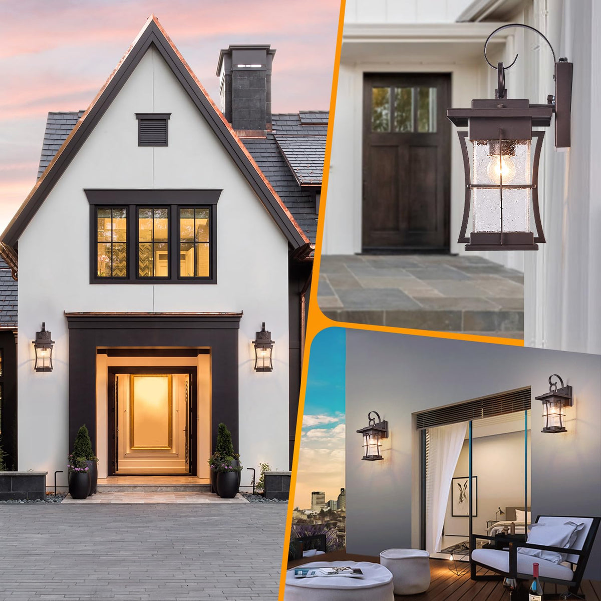 2 Pk Oil Rubbed Bronze Outdoor Sconces Light with Dusk to Dawn Sensor Photocell Exterior Porch Lanterns Outside Wall Lamps Waterproof Brown Metal with Seeded Glass Coach Light Fixtures for House (Oil-Rubbed Bronze / Medium)