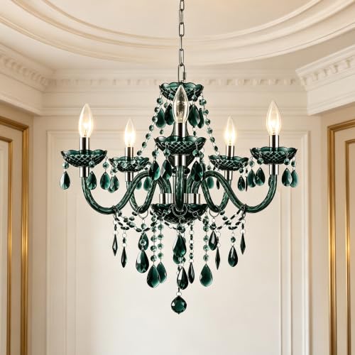 Plug in 5 Lights Green Crystal Hanging Acrylic Chandelier H19 D19.7 (Green-L)