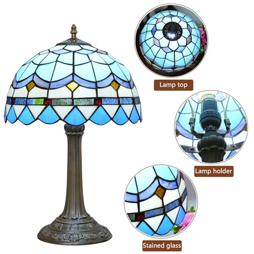 Tiffany Table Lamp Stained Glass Lamp Mediterranean Blue Bedroom Table lamp Reading Desk Light for Bedside Living Room Office Dormitory Dining Room Decorate Housewarming Gift 12X12X18 inches (Blue Mediterranean Style)