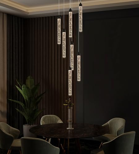 7 Lights High Ceiling Crystal Staircase Chandelier Black Pendant Lights Modern Spiral Raindrop Dimmable LED Bubble Cluster Ceiling Hanging Lighting Fixture for Foyer Living Room Remote Control (Black / 7 lights)