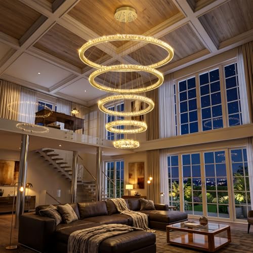 Modern 5 Rings Crystal Chandelier High Ceiling Dimmable LED Chandeliers Adjustable Lighting Fixtures for Living Room Dining Room Foyer Gold (Gold / 5-Ring 40")