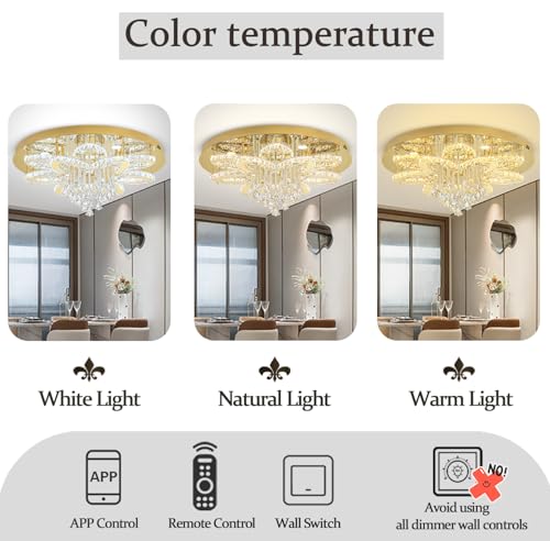 W32 Modern Crystal Chandelier for Living Room Gold Raindrop Chandelier Flush Mount Chandeliers for Foyer Dining Room Hallway Dimmable 2700K (Gold / W:32inches)