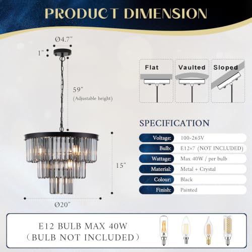 Smoke Gray Crystal Chandeliers 7 Lights 20" Black Round Chandelier (Black+Smoke Gray / Small-20”)