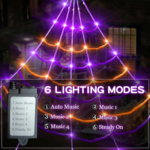 Motion Activated Lighting&Speaking] 5Ft Giant Spider 20 * 17FT Halloween Spider Web 150 Led Purple&Orange Lights Light Up Lighted Waterproof with 200sqft Cobweb for Outdoor Decor Yard Decoration (With 5Ft Black spider)