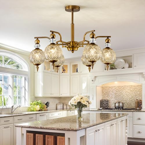 Vintage Gold Sputnik Chandelier 6 Lights Crystal Adjustable Hanging Ceiling Light Fixture Antique Large Pendant Lighting with Glass Globe Shade for Living Room Dinning Room Bedroom Kitchen (Gold / 6 light)
