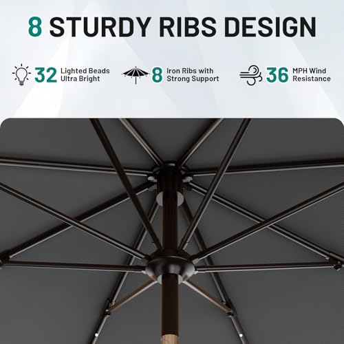 9FT Patio Umbrella with Solar Lights (Gray / 9 FT)