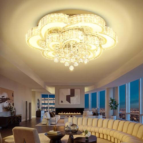 Dia 24'' Gold Modern Crystal Chandeliers Modern LED Dimmable Chandelier with Remote Crystal Ceiling Light Pendant Light Fixture for Living Room Bedroom Entryway (Gold / Dia 24")