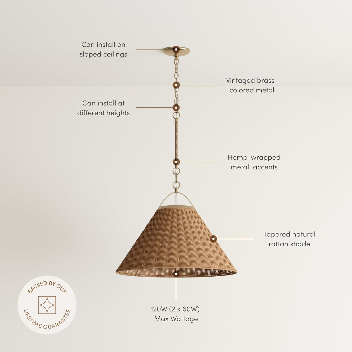 Cyprus Rattan Pendant Light with Coastal Wicker Cone Shade and Adjustable Brass Chain (Vintaged Brass/Rattan Light Brown / Set of 1)