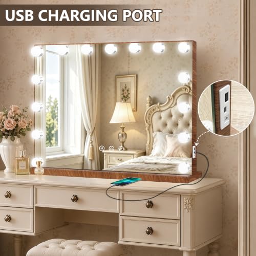 Wood Grain Hollywood Vanity Mirror with Lights (Wood Grain / 23"L x 18"W)
