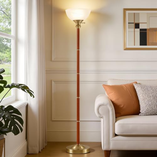 72" Wood Torchiere Floor Lamp with Glass Shade Gold Standing Lamp (Gold)