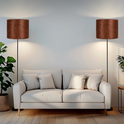 Large Lampshades Set of 2 Drum Lamp Shades 15" Top X 15" Bottom X 12" High (Imitation Brown Cowhide)