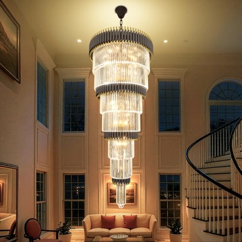 7 Tier Black and Gold Chandeliers Long Staircase Crystal Chandelier Large Entryway Chandeliers Adjustable Chain for Entrance Hall Living Room Foyer H66 x W32 19 Lights (D32"XH66" Black)