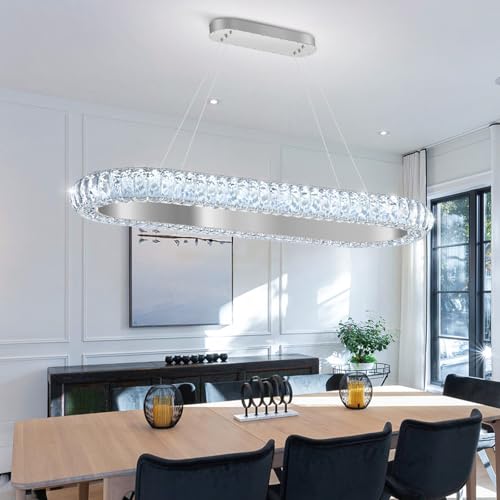 32'' Oval Ring Crystal Chandelier Modern LED Dimmable Ring Pendant Light Chandelier for Dining Room Living Room Silver (Silver / 1 Ring Oval 32")