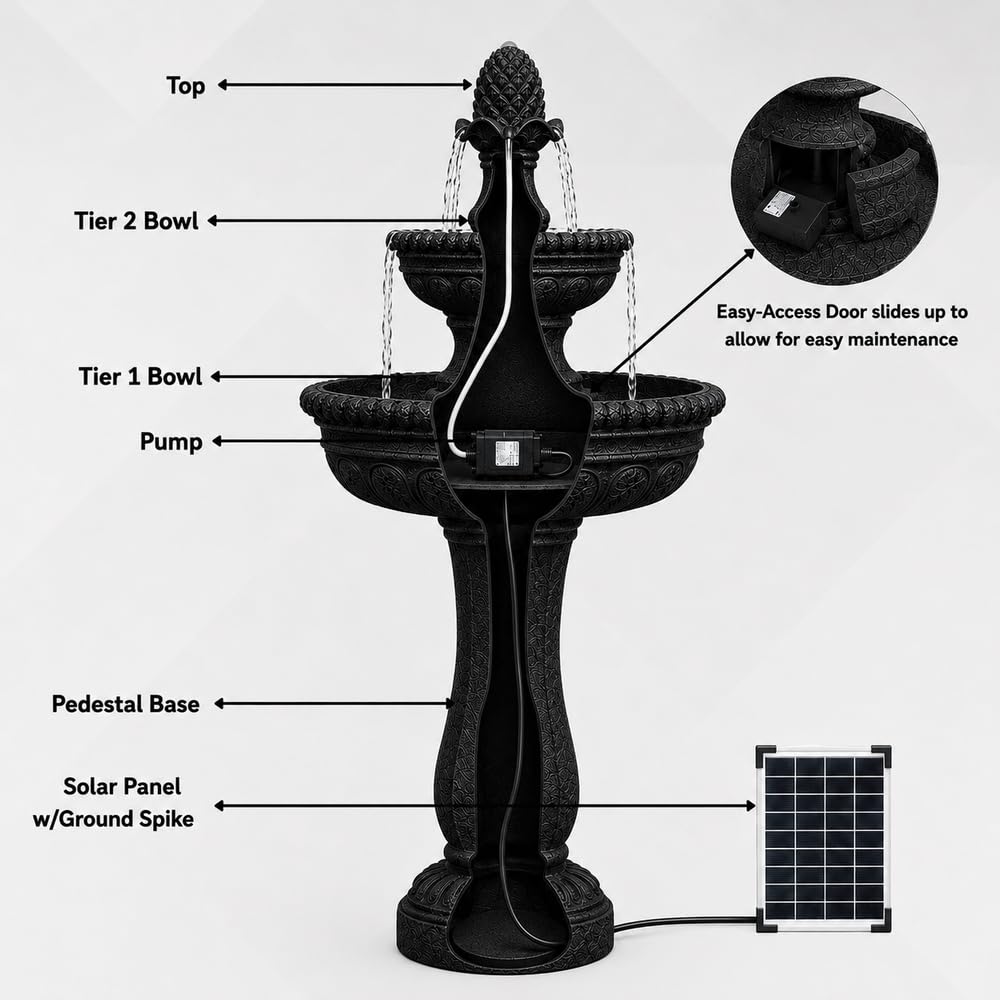 39" 2 Tier Outdoor Freestanding Solar Water Fountain (Black / 39" Height)