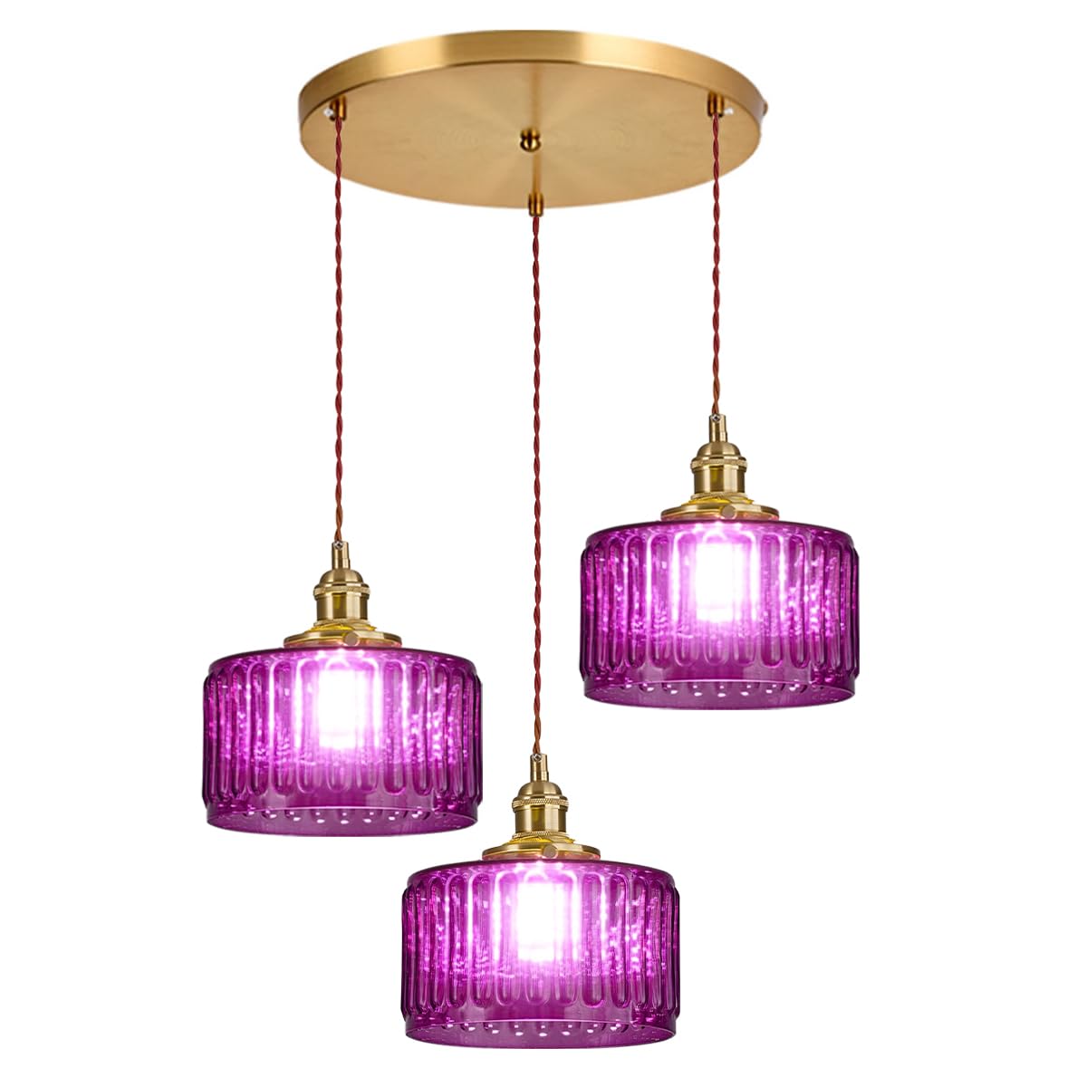 3 Light Glass Globe Chandelier Kitchen Island Mid Century Modern Ceiling Pendant Light Purple Striped Shade Gold Hanging Lights Fixture Multi Light Cluster Chandeliers Dining Room (Purple-Hardwired-3-Light-Cluster)