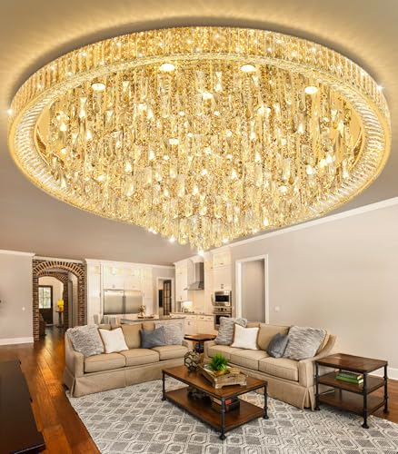 53.7" Modern Crystal Big Large Chandeliers LED Dimmable Flush Mount Ceiling Chandeliers for Living Room High Ceiling Entrance Foyer Lobby Bedroom Gold (Gold / 53.7" Width)