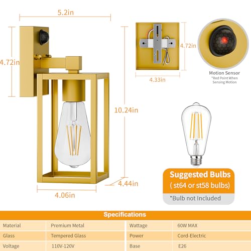 2 Pack Gold Motion Sensor Outdoor Light Fixtures Wall Mount (10.24'' / Gold)