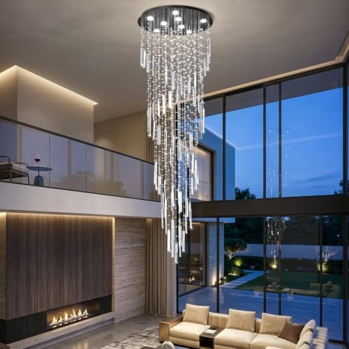 D24'' x H78'' Modern Crystal Chandelier High Ceiling Chandeliers for Entryway Glam Chandelier Large Raindrop Chandeliers LED Dimmable Light Fixtures for Staircaes Foyer Hallway Living Room Black (D24" x H78" Black)