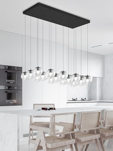 Black Rectangular Chandelier Globe Chandelier for Dining Room Large Chandeliers for High Ceiling 16 (Black-Clear / Rectangle 16-Light)