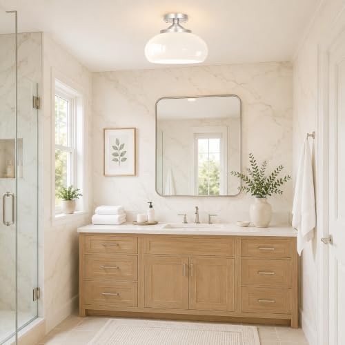 Brushed Nickel Semi Flush Mount Ceiling Light (Nickel & White Glass / 12in)