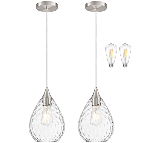Nickel Glass Pendant Lights Kitchen Island 8" Pendant Light Hammered Clear Glass 2 Pack Height Adjustable Modern Hanging Pendant Lights for Dining Room Bedroom Hallway Sink Bulbs Incl (Nickel, 2 PK / 8 Inch)