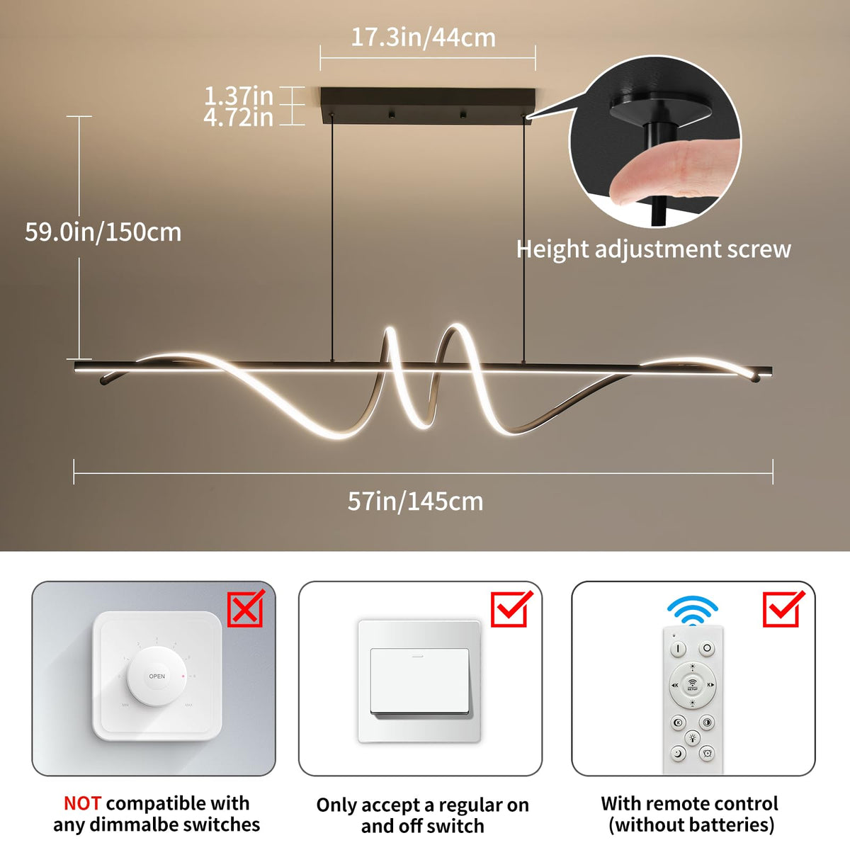 Modern LED Chandelier Light (A-Black / 57in)