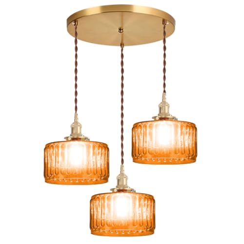 3 Lights Orange Glass Pendant Light 59" Adjustable Cord Hanging Lamp (Orange-3L)