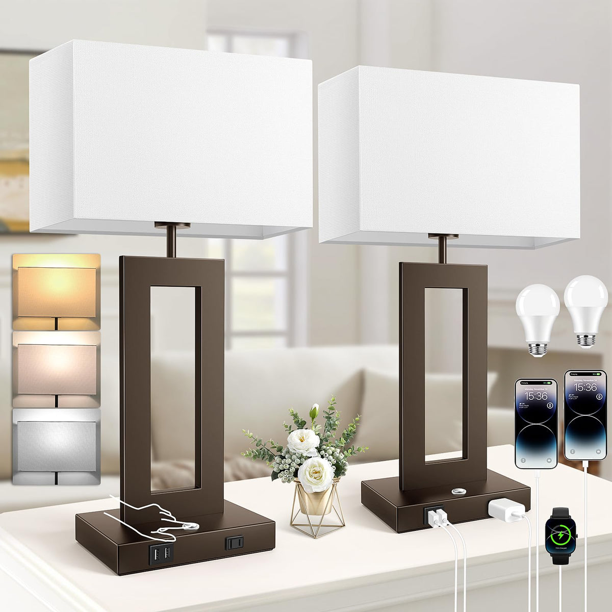 3 Color Temperatures Brown Table Lamps for Bedrooms Set of 2 (Brown / Large)