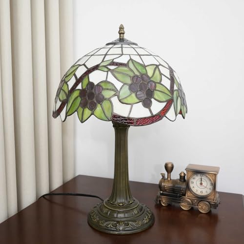 12 Inch Tiffany Lamp Grape Stained Glass Bedroom Table Lamps Village Retro Rustic Farmhouse Style For Living Room End Bedside Nightstand Office Dorm Home Decor Accent Mid Century Reading Desk Light (Grapes Lamp)