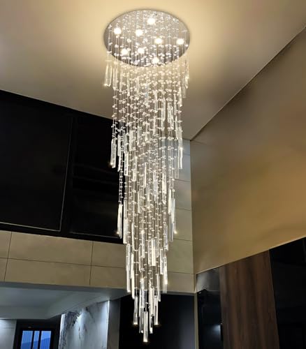 D24'' x H78'' Modern Crystal Chandelier High Ceiling Chandeliers for Entryway Glam Chandelier Large Raindrop Chandeliers LED Dimmable Light Fixtures for Staircaes Foyer Hallway Living Room (D24'' x H78'' Silver)