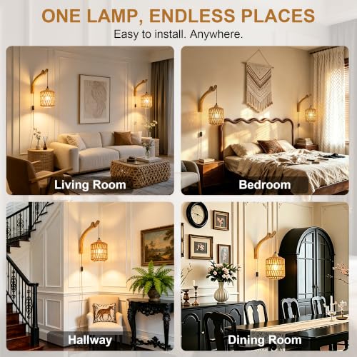 Frideko Rattan Wall Lamp with Plug in Cord Hand Woven Plug in Wall Sconces Paper Rope Wall Light Farmhouse Wall Sconce Wall Mounted Light Boho Wall Sconces Wall Lighting for Bedroom Living Room (Brown(1PC))