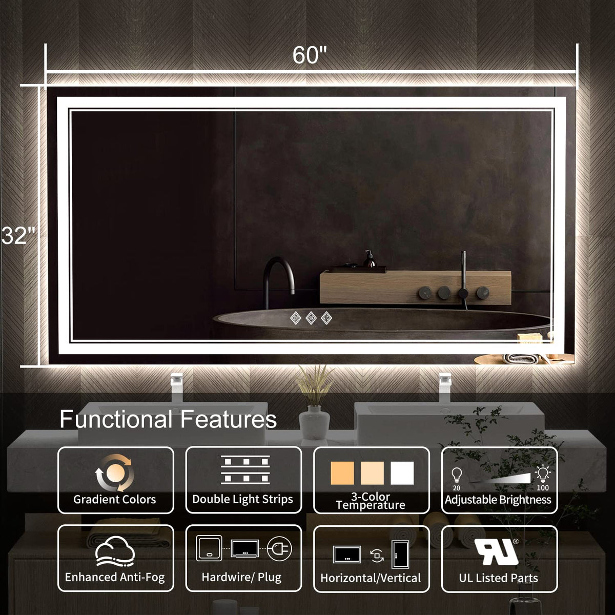 LED Bathroom Mirror (Front and Backlit / 60"L x 32"W)