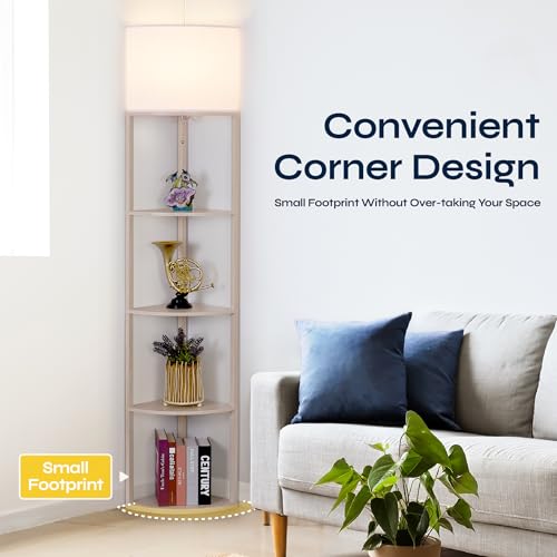 Corner Floor Lamp with Shelves (Whitewashed Oak)