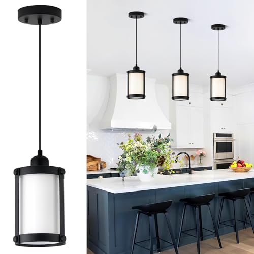 Matte Black Pendant Lights Kitchen Island (Black + Milk Glass / 1-Light Pendant, 1 Pack)