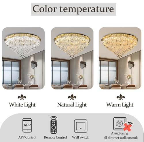 48inches Gold Crystal Chanderliers for Living Room Entryway Modern Crystal Folwer Ceiling Light for Foyer Interior LED Dimmable Lighting 2700k 4500k 6000k (Gold / 48inch)