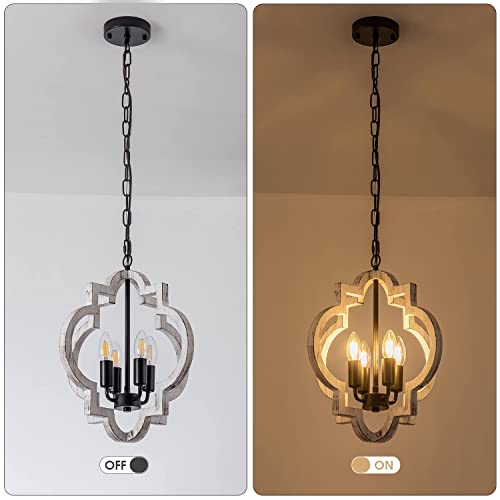 4 Light 15" Farmhouse Orb Chandelier Rustic Handmade Distressed White Wood Hanging Ceiling Pendant Light Fixture Wood Lantern Chandeliers for Dining Room Kitchen Bedroom Foyer Hallway (Textured-White / D15" x H17" 4-Light)