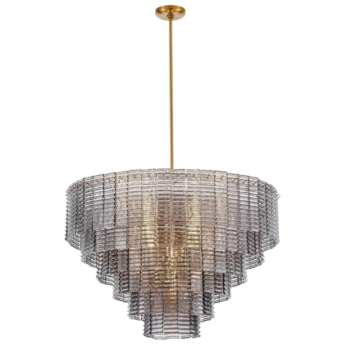 Dia 32.5 Inches Large Modern Smoke Gray Glass Chandelier Brass Finish (Smoke Gray Glass)
