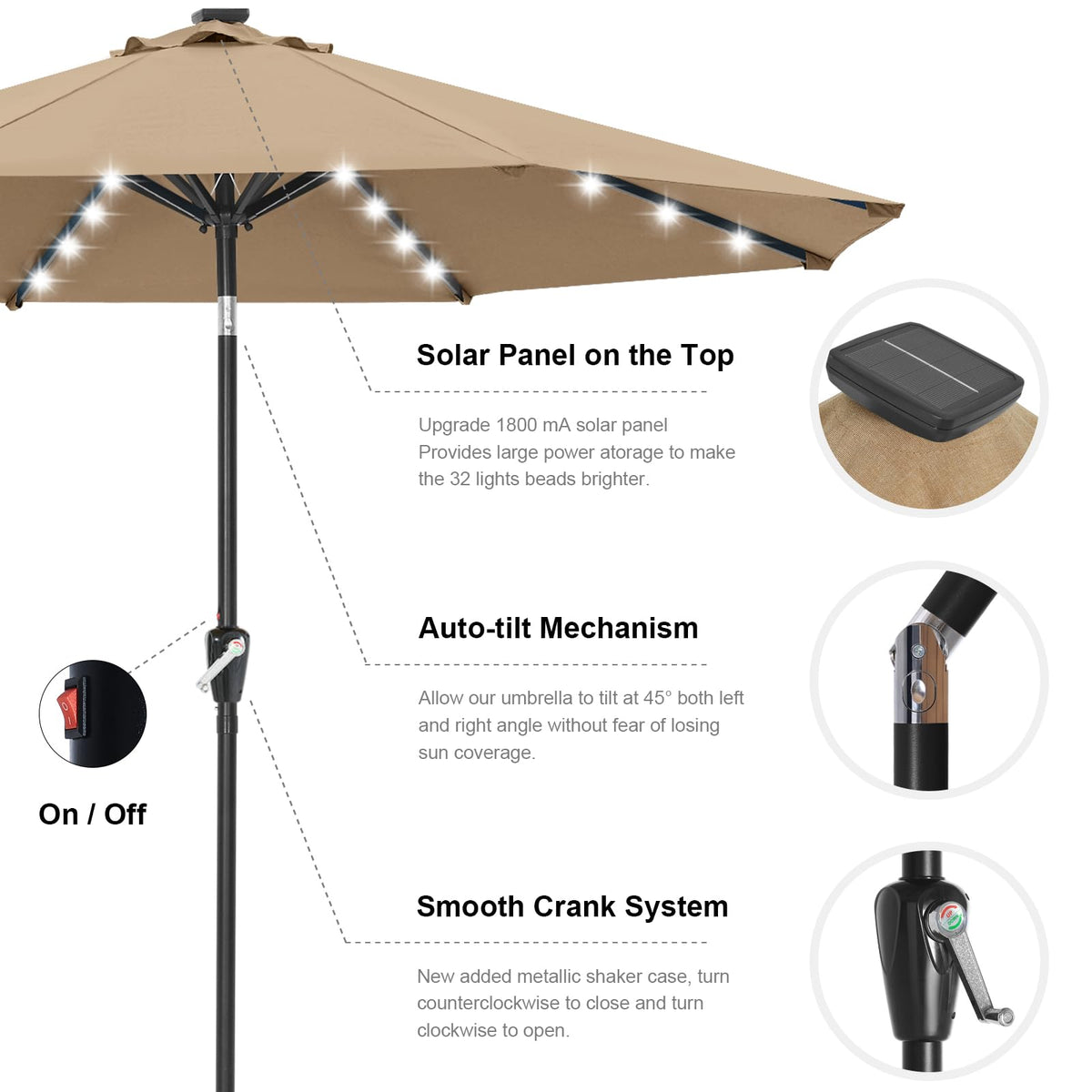 Solar Led Patio Umbrella with 32 Lights 11FT (LED Umbrella / 11ft / khaki)