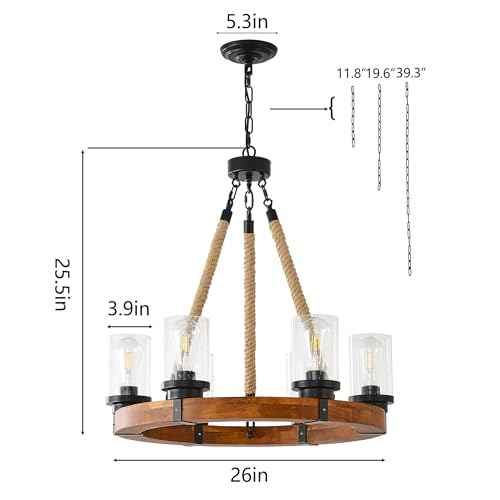6 Light Round Wagon Wheel Chandelier Farmhouse Rustic Pendant Light Fixture with Seeded Glass Shades (Wood-600-6T-UP)