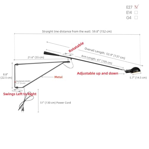 Long Swing Arm Wall Lamp Black Modern Plug (Black)